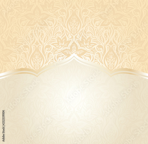 Floral Retro wedding pale peach background mandala design with gold copy space