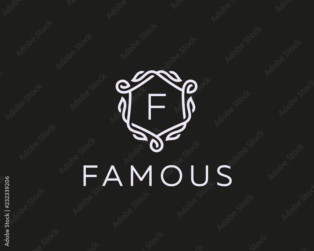 Premium linear shield monogram letter F logotype. Elegant crest leaf stamp icon vector logo. Luxury alphabet frame symbol.