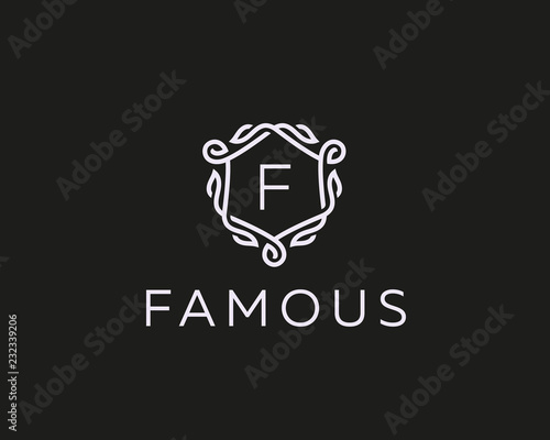 Premium linear shield monogram letter F logotype. Elegant crest leaf stamp icon vector logo. Luxury alphabet frame symbol.