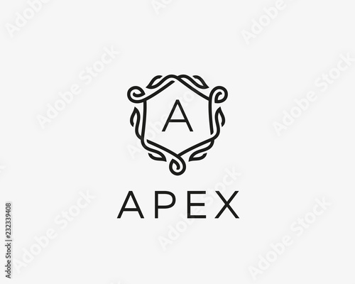 Premium linear shield monogram letter A logotype. Elegant crest leaf stamp icon vector logo. Luxury alphabet frame symbol.