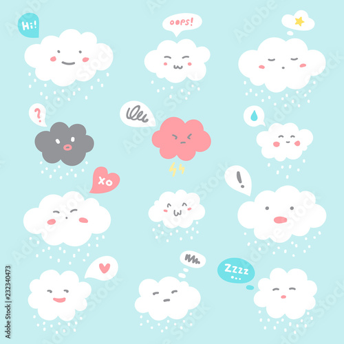 Fototapeta Flat style illustration. Cute fluffy smiley clouds with cartoon doodle emoji faces and speech bubbles. Emoticons with facial expressions, emotions - anger, love, surprise, shame, joy, distrust, sleepy