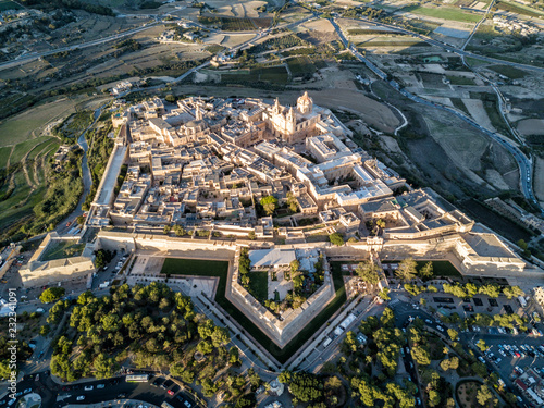 Obraz na płótnie Aerial drone photo - Ancient medieval walled city of Mdina, Malta. This castle fortress was the capital city of Malta in medieval times. Europe. w salonie