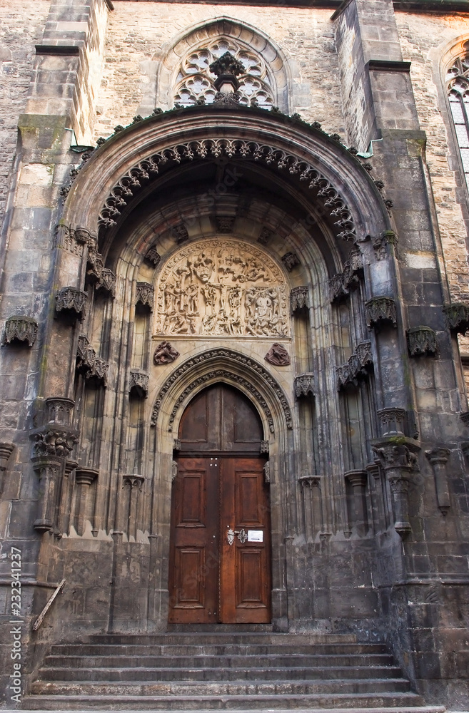 Details of the facade of the Temple. Prague, Czech Republic