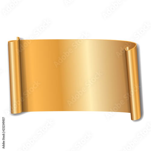 Gold scroll isolated on white background. Golden paper roll banner 3D. Ribbon design for Christmas frame, New Year decoration, curved retro border. Smooth realistic texture. Vector illustration