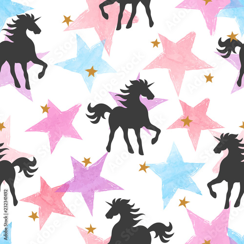 Vector seamless pattern with unicorns and colorful watercolor stars.