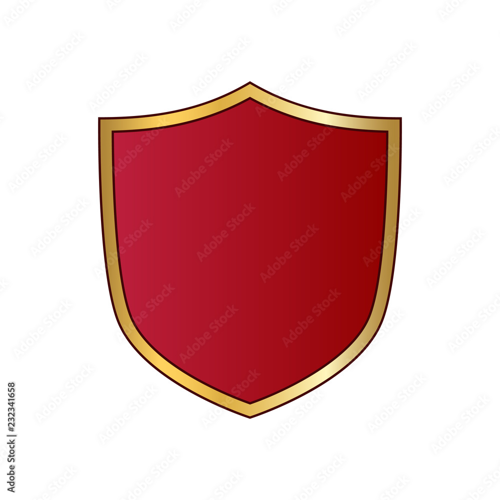 Gold and red shield shape icon. Logo emblem metallic sign isolated on white background. Shape shield symbol of security, protection or armor, safe. Shiny element design. Vector illustration Gold and red shield shape icon. Logo emblem metallic sign isolated on white background. Shape shield symbol of security, protection or armor, safe. Shiny element design. Vector illustration