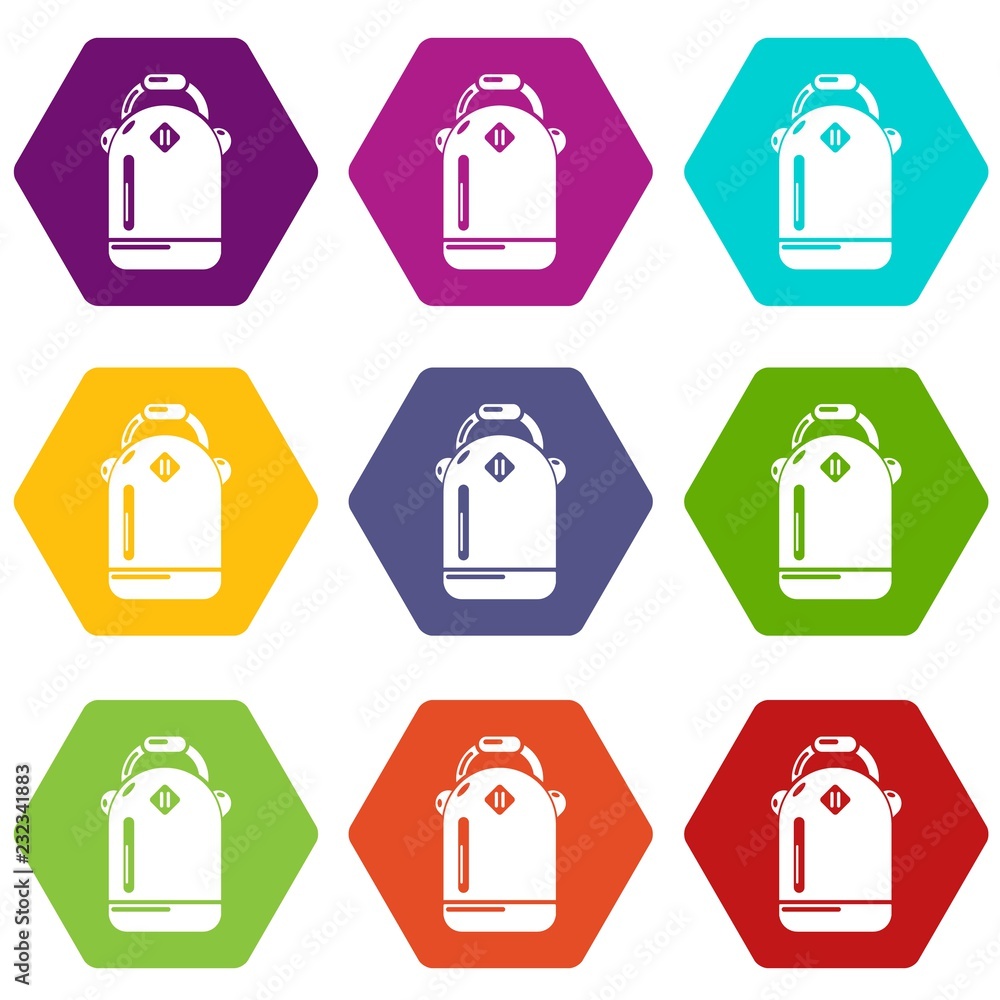Backpack schoolgirl icons 9 set coloful isolated on white for web Backpack schoolgirl icons 9 set coloful isolated on white for web