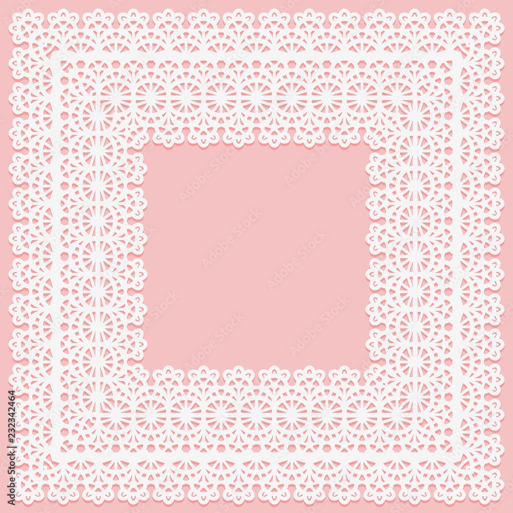 White lace square doily on a pink background. Suitable for laser cutting - obrazy, fototapety, plakaty 