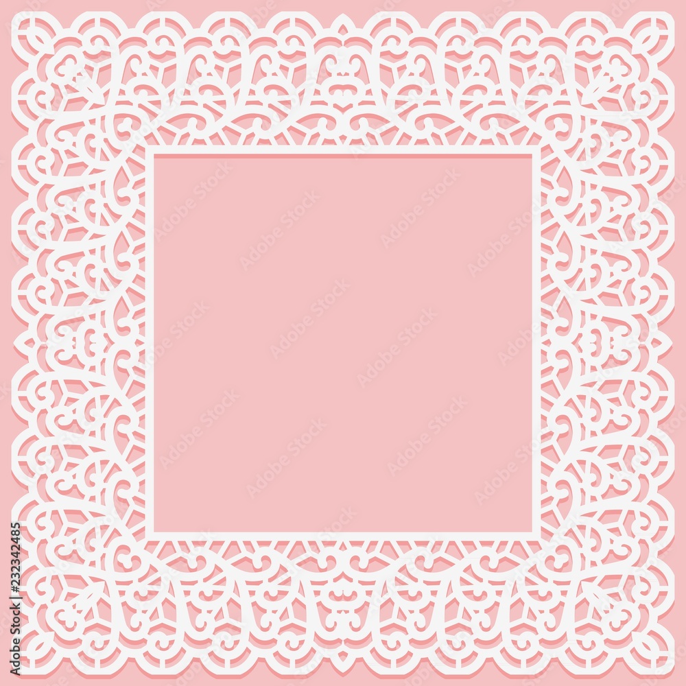White lace square frame on a pink background. Suitable for laser cutting White lace square frame on a pink background. Suitable for laser cutting