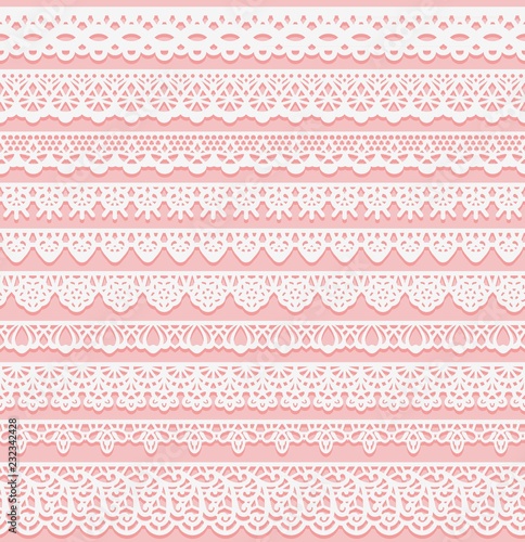 Set of horizontal seamless borders for wedding design. White lace silhouette isolated on pink background. Suitable for laser cutting.