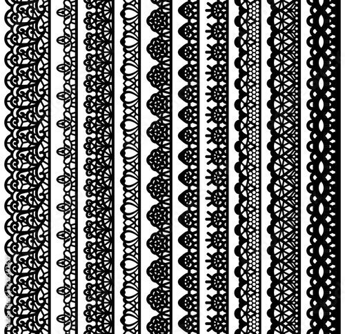 Collection of vertical seamless borders for design. Black lace silhouette isolated on white background. Suitable for laser cutting.