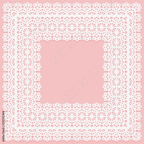 White lace square doily on a pink background. Suitable for laser cutting
