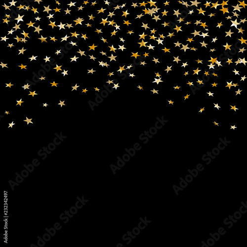 Fototapeta Naklejka Na Ścianę i Meble -  Gold stars falling confetti isolated on black background. Golden explosion confetti. Abstract decoration. Holiday stars for Christmas festive party. Shiny paper glitter. Vector illustration