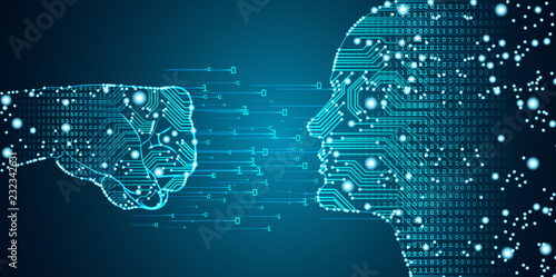 Big data and artificial intelligence penetration concept. Machine learning and computer hacking concept in form of men fist panching men head outline outline with circuit board and binary data flow.