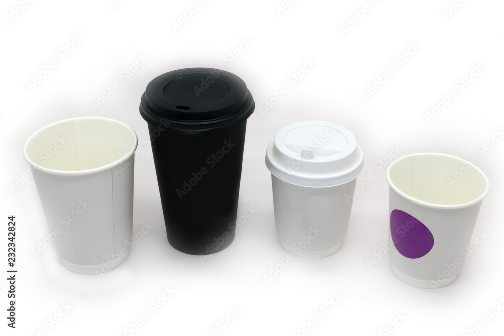 disposable paper cups, trash, separated collection of waste products disposable paper cups, trash, separated collection of waste products