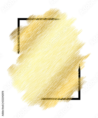 Gold metall texture, black frame. Golden color paint stroke isolated white background. Glitter stain design bright border, frame, Happy New Year banner, Christmas celebration. Vector illustration