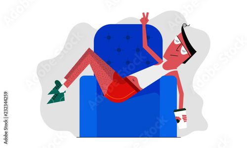 Vector illustration of Man resting/chilling at home on the couch with the food. Lazy Eating/Drinking Concept.