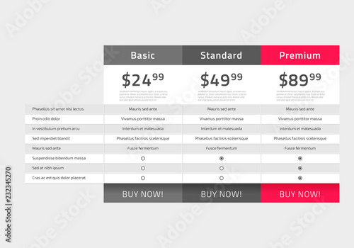 Web pricing table design for business .Vector illustration.