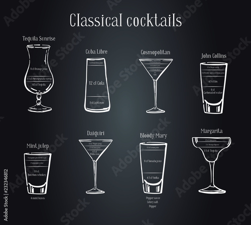 Classic cocktails recipe. Scheme of preparing with ingredients. Vector sketch outline hand drawn illustration on blackboard background