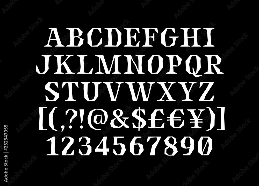 Broken sharp verged uppercase latin font, all capitals alphabet, bold engraved roman serif letters, cut antique lettering, english typeset, punctuation, symbols and numerals Broken sharp verged uppercase latin font, all capitals alphabet, bold engraved roman serif letters, cut antique lettering, english typeset, punctuation, symbols and numerals