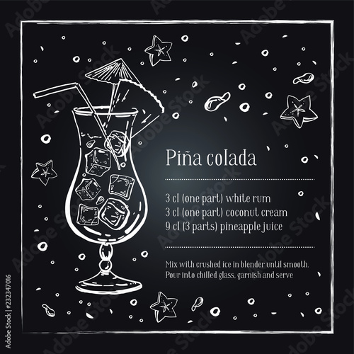 Pina colada cocktail recipe description with ingredients. Vector sketch outline hand drawn illustration on blackboard background