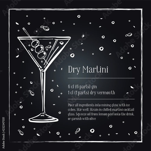 Dry Martini cocktail recipe description with ingredients. Vector sketch outline hand drawn illustration on blackboard background