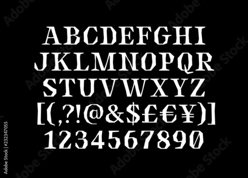Broken sharp verged uppercase latin font, all capitals alphabet, bold engraved roman serif letters, cut antique lettering, english typeset, punctuation, symbols and numerals 