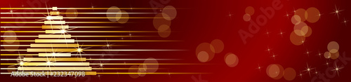 Christmas tree, vector header. Stars with blurry light. Red background with copy space