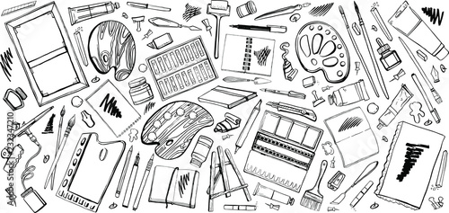 Vector set of hand drawn sketch vector artist materials. Black and white stylized illustration with painting and drawing tools. Brushes, tubes, palettes, notepads, knives, pens and pencils