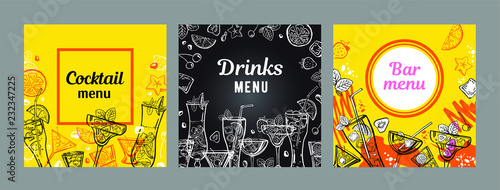 Set of cocktail menu cover design templates. Vector outline hand drawn illustration with different cocktails and fruits with yellow and blackboard background