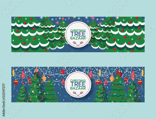 Christmas tree vector merry xmas treetops bazaar market selling traditional New Year pine fir illustration of decorated christmas-tree sale promotion design banner