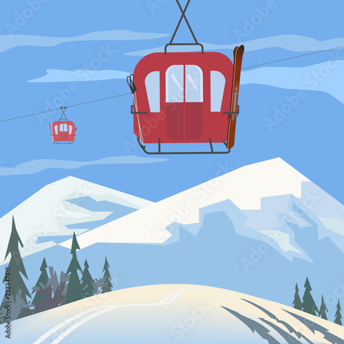 Mountain cabel car. Retro ski cabelway icon. Mountain snow ski resort poster background concept. Winter extreme skiing sport, fun activity advertisement template. Nature outdoor vector illustration