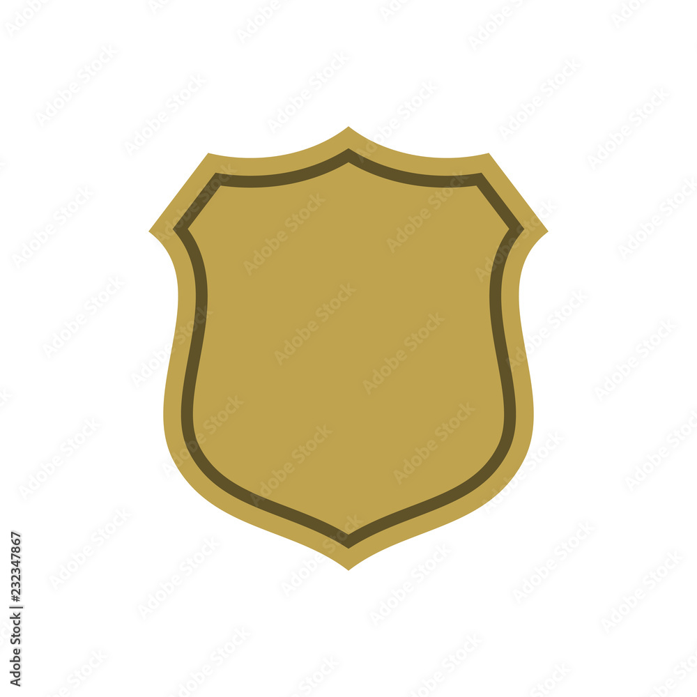 Shield shape gold icon. Simple flat logo on white background. Symbol of security, protection, safety, strong. Element badge for protect design emblem decoration Vector illustration