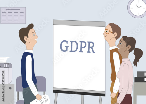 GDPR date. General Data Protection Regulation. Man explanes his colleague about GDPR in office. Design template, poster, print media. Vector illustration.