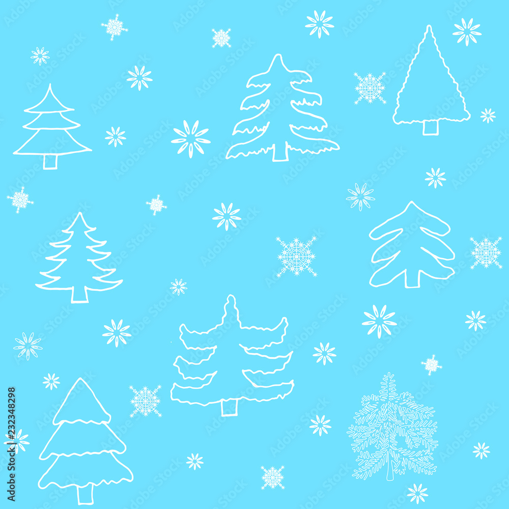 Seamless vector pattern with christmas trees and snowflakes. Can be used for wallpaper, textile, packing, pattern fills, web page background. Creative Hand Drawn textures for winter holidays.