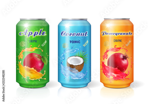 Soft drink apple coconut pomegranate flavor contained in metal cans set