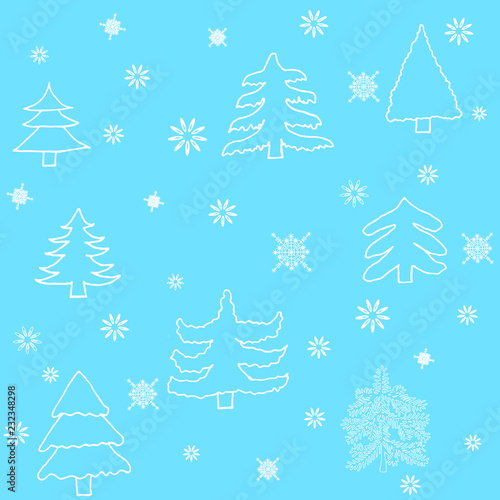 Seamless vector pattern with christmas trees and snowflakes. Can be used for wallpaper  textile  packing  pattern fills  web page background. Creative Hand Drawn textures for winter holidays.