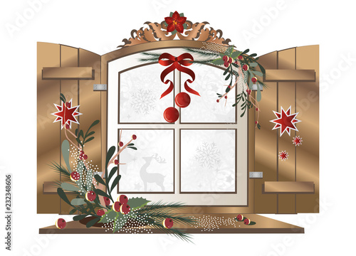 weihnachtlich geschmücktes Fenster einer Hütte