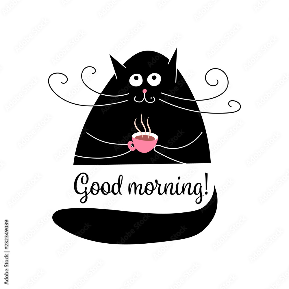 Black cat with a cup of coffee, wishing good morning, isolated ...