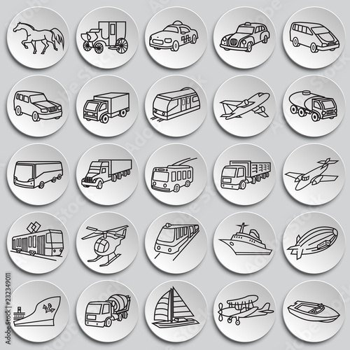 Transportation and vehicles thin line on plates background icons