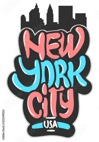 New York City Usa Graffiti Influenced Label Sign  Logo Hand Drawn Lettering for t shirt or sticker on a white background. Vector Image.