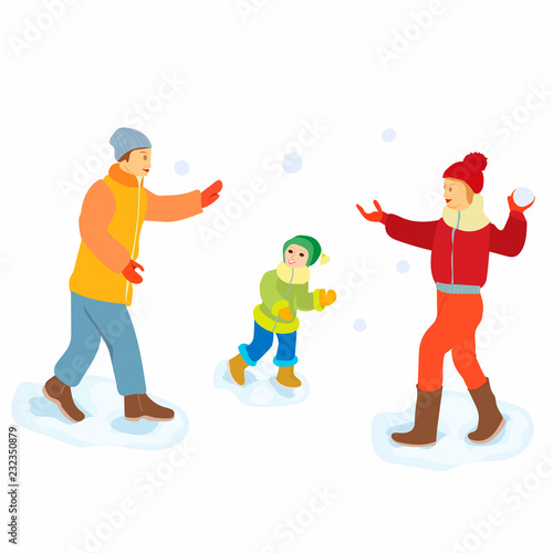 Happy family throwing snowballs - cartoon people characters illustration on white background. Concept of winter activity, New Year, Christmas. Smiling mother and father with children play outdoors