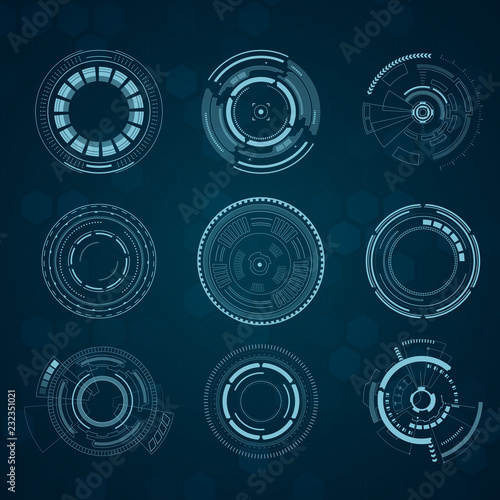 Set of sci fi futuristic user interfaces on blue background. Vector illustration.