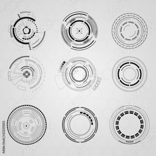 Set of sci fi futuristic user interfaces on grey background. Vector illustration.