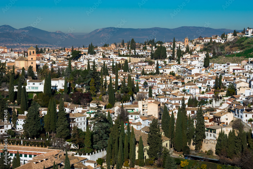 View of Granada city (Albaicin District) from the Alhambra. Granada, Spain
