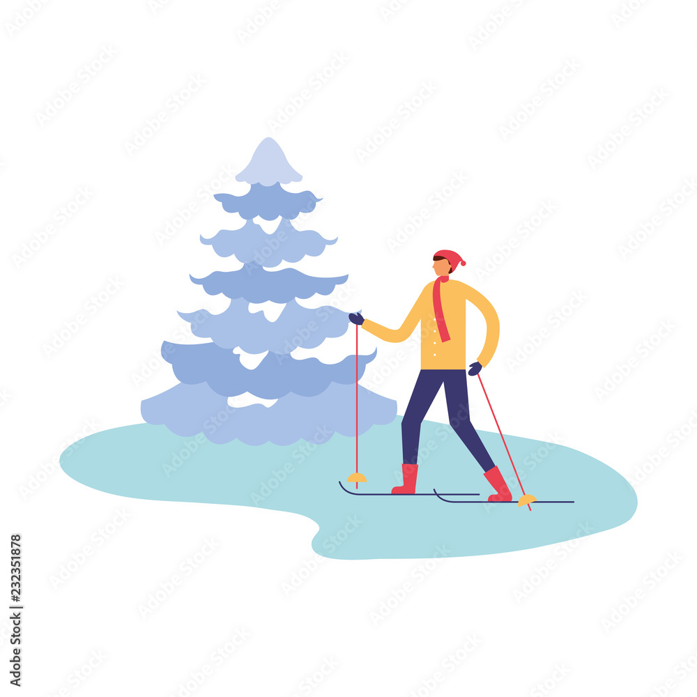 man with ski and pine tree winter season