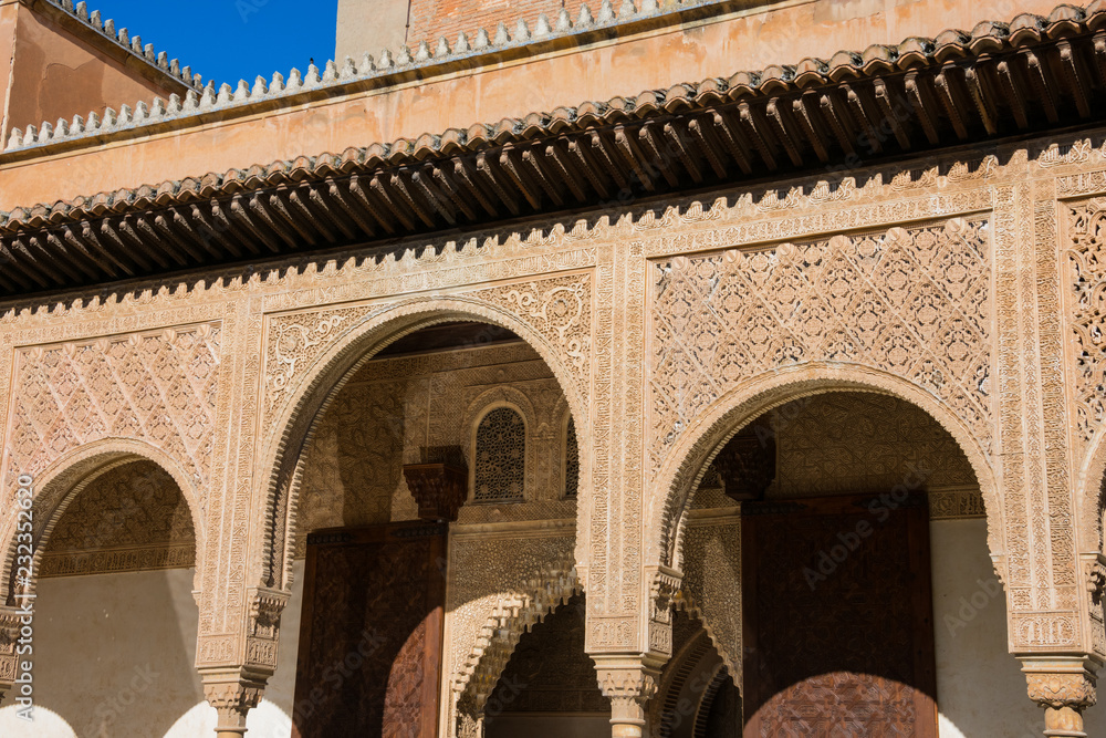 Arabesque architecture arches. Alhambra of Granada. Spain