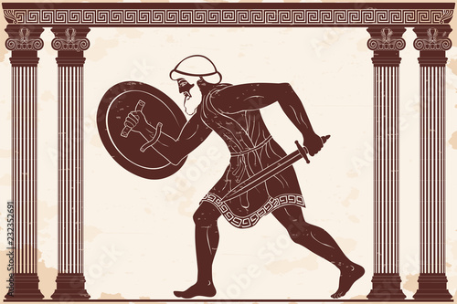 Ancient Greek warrior with a weapon on a beige background. The gladiator with a sword and a shield in his hand.