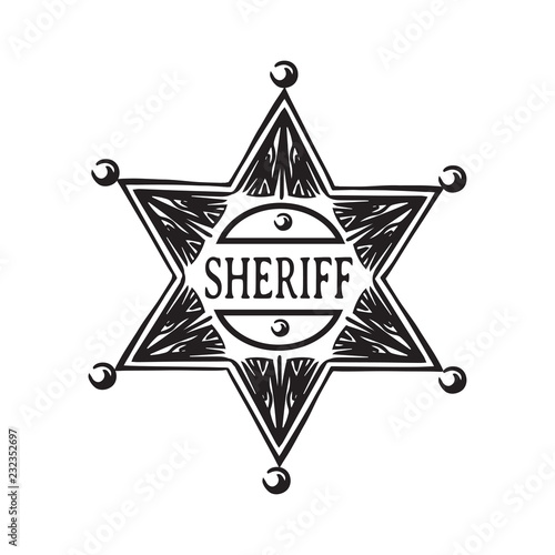 Hand drawn sheriff star. Old wild west badge vector illustration. Black isolated on white background