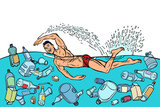 Ocean pollution by plastic trash. Ecology concept. man swimmer s